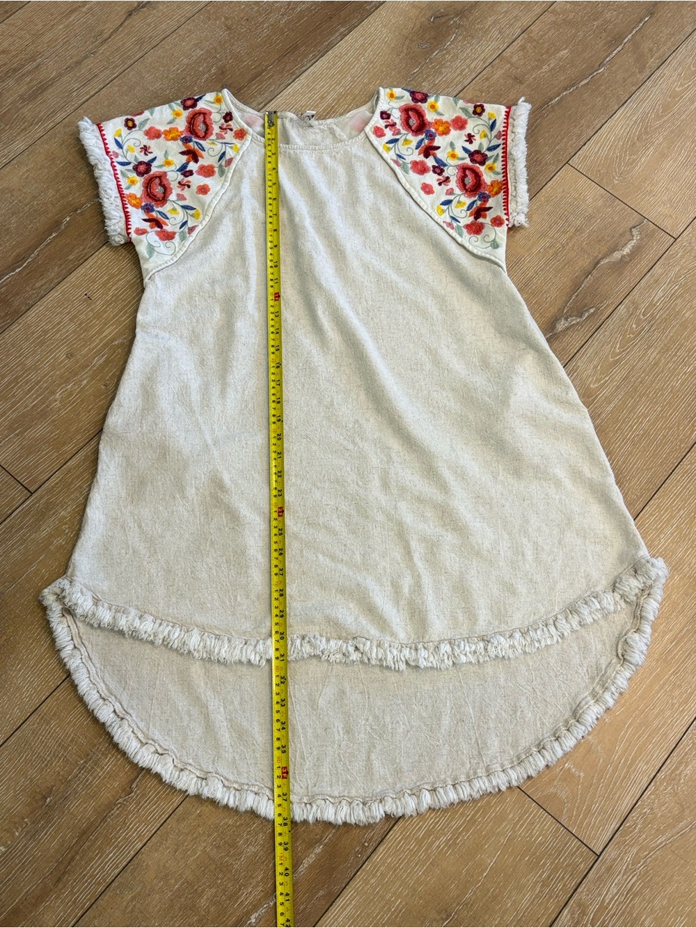 Boho Floral Embroidered Linen Blend Hi-Low Shift Dress Fringe Trim Size M Umgee - Picture 5 of 8